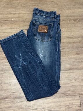 D&G Men's Indigo Washed Straight Jeans with Leather Patch
